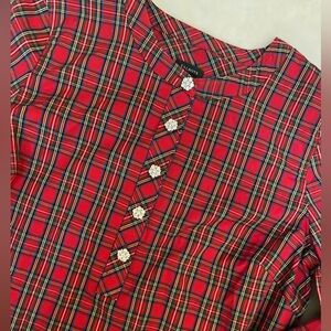Talbots Red and Black Plaid Blouse with Embellished Buttons